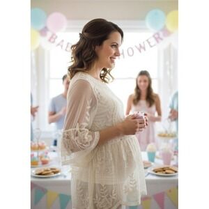 PinkBlush Embroidered Mesh Maternity Tunic Women Small Cream Boho Lace T9517